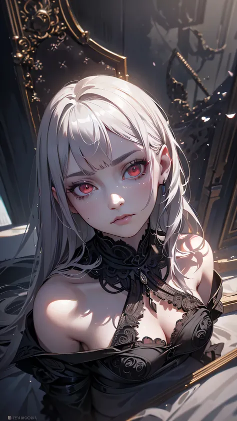 a gothic beauty, a young woman in a white dress, grey hair, red eyes, black roses in full bloom, black rose petals scattered on a bed, viewed from above, (best quality,4k,8k,highres,masterpiece:1.2),ultra-detailed,(realistic,photorealistic,photo-realistic:...