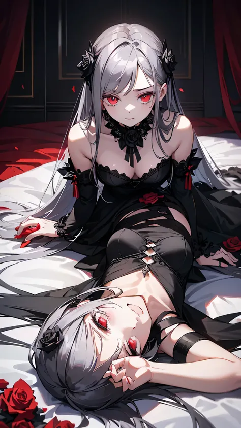 a beautiful young woman, 20 years old, with gray hair and red eyes, lying on a bed covered in black rose petals, a gothic atmosphere, wearing a white dress, black roses blooming all around, high quality, hyper detailed, masterpiece