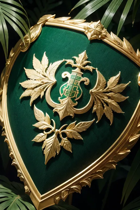 a green and gold shield, intricately detailed, heraldic design, ornate, elaborate, heraldry, coat of arms, Palmeiras football club logo, lush tropical foliage, beautiful detailed leaves, intricate patterns, golden accents, photorealistic, highly detailed, ...