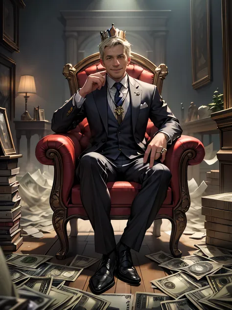 1 man sitting on a throne made of banknotes, wearing a suit, crown, large gemstone necklace, rings on every finger, smiling, sur...