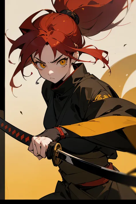 (masterpiece, 16k, best quality) female ninja, 18 years old, red hair, yellow eyes wielding a katana. Corel Painter, Ghibli-style art, high detail