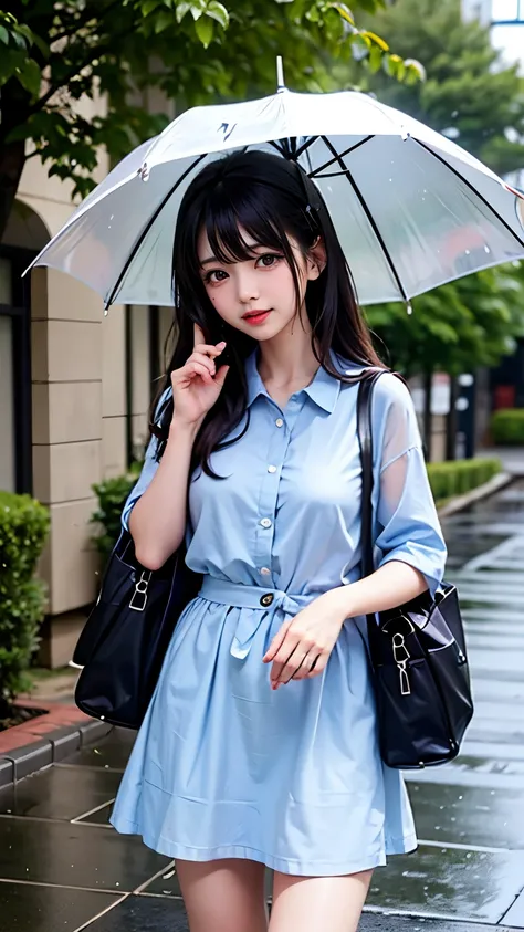 Outdoor、rain、セーラー服の美しい女子高生がrainに濡れている、My clothes are wet and transparent