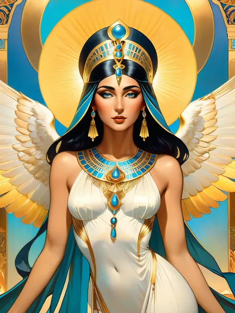 beautiful goddess isis, egyptian goddess, alphonse mucha style, detailed crown, queenie gesture, ornate headdress, flowing robes, golden skin, piercing eyes, intricate details, ethereal lighting, dreamlike atmosphere, vibrant colors, dramatic pose, master...