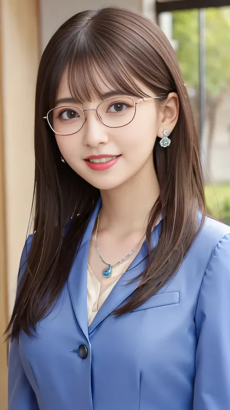 Highest quality:1.2), RAW Photos, High resolution, Very detailed, Intricate details, 、ear piercing、smile、Emphasis on teeth、Glasses、Light brown hair、 (Front view, ), Clear beauty,  Upper Body, (High quality fabric, Office Lady Suit  Necklace around the neck...