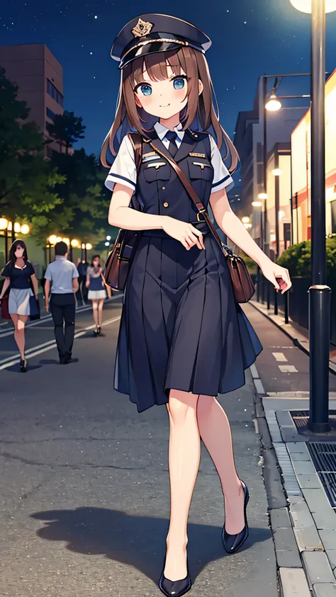 {Highest quality], [Super beautiful], [Ultra fine], [Best illustration], NSFW,Brown Hair, Hime cut, Long Hair, With bangs, girl, Uniform cap,Security uniform, smile, blush, Slender women,Short sleeve,Long straight skirt, Adult women,walk,(Public）Night Park...