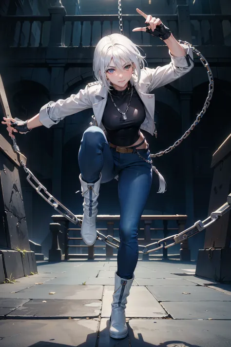 (masterpiece), best quality, silver eyes, perfect face, highres, 1girl, solo, angelms, white hair, white jacket, jeans, fingerless gloves, atacking pose, parkour, evil smile, long boots, fanstasy background, cowboy shot, fullbody shot, looking at the viewe...