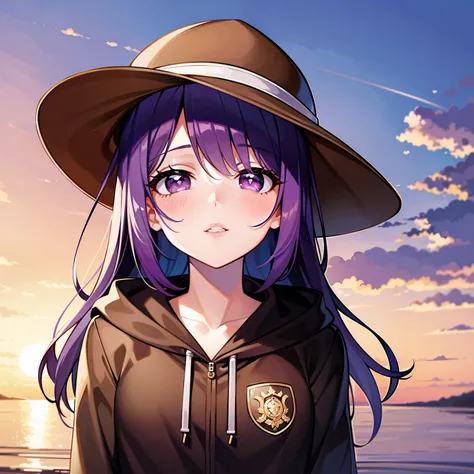 ((1girl, solo)), purple hair, long hair, purple eyes, grey, +_+, long sleeves, smile, (((parted lips))), hood down, (badge on hat), symbol-shaped pupils, looking at viewer, details eyes, absurdres, half body, ((sunset)), top view, (day time, sunny)