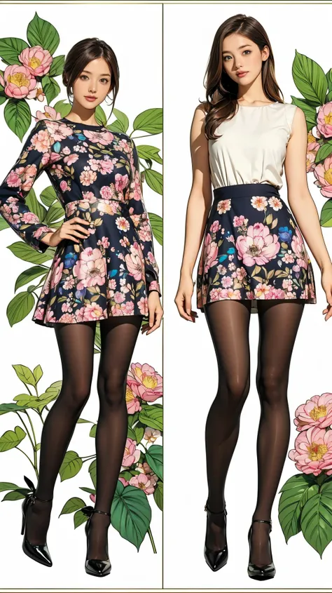 ((masterpiece)),(((Highest quality))),((Character design sheet)),Thin thighs,Long legs,whole body:1.5，(One Girl:1.3),(Black pantyhose and thick pointy heels：1.3),(Wearing a floral and plant patterned mini skirt dress:1.2),Short blonde:1.2、Model pose，