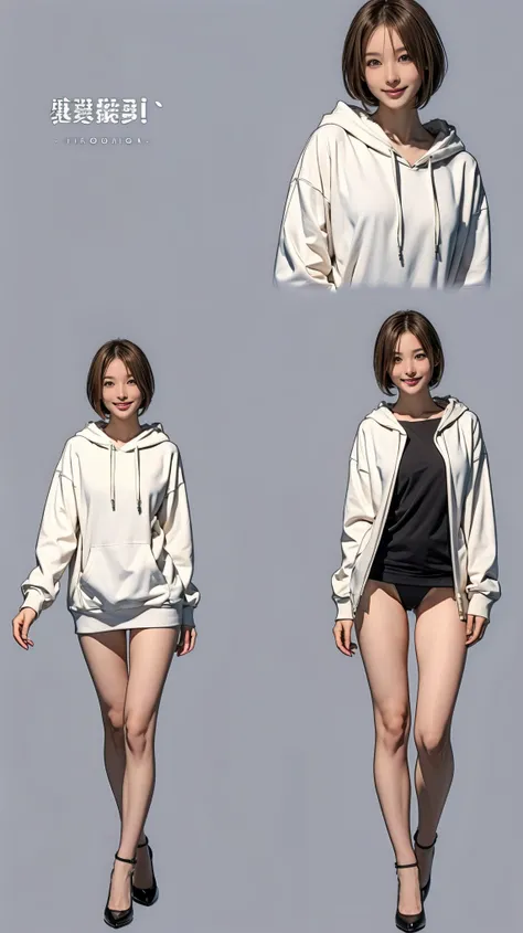 ((masterpiece)),(((Highest quality))),((Character design sheet)), Thin thighs,Long legs,18 year old Japanese girl, Cute type,The best smile:1.5，white long hoodie:1.5, A glimpse of black panties:1.5，Very short hair ,  (Highly detailed skin), The background ...