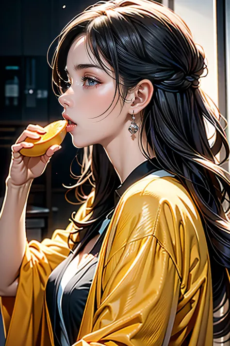 a woman holding a mango in her right hand, raising her right hand, sticking out her tongue and licking the mango, side profile v...