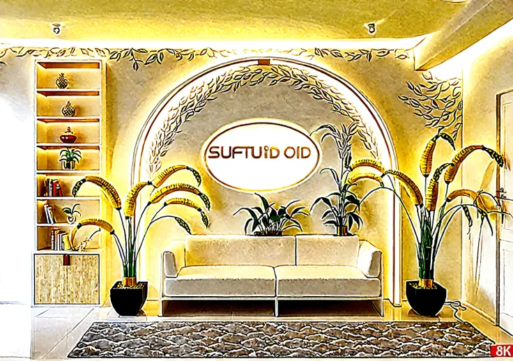 Create a stylish and simple living room，There is an arch-shaped decorative light surround on the white wall，There are golden ears of wheat inside，There is a banana tree on the right.，There are 6 shelves on the left side，There is perfume on the shelf，Potted...