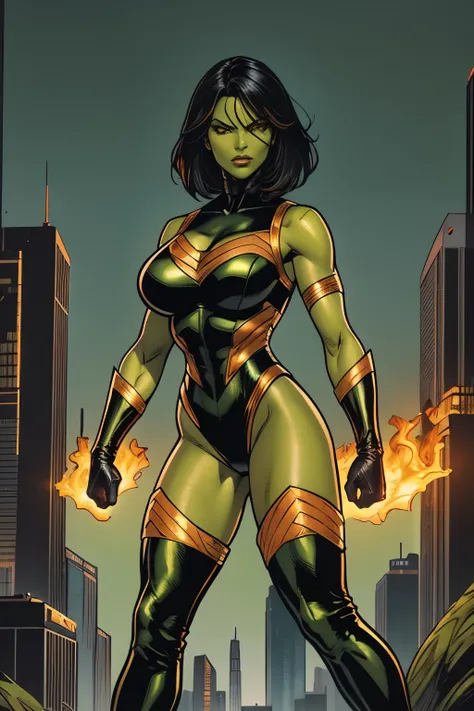 A gorgeous Latina superheroine mutant with short black hair, green skin, scaly skin, golden eyes, wearing a (black and orange leotard, thigh-high boots, long gloves).  Fire powers.  Big breasts. Detailed background, blue skies.