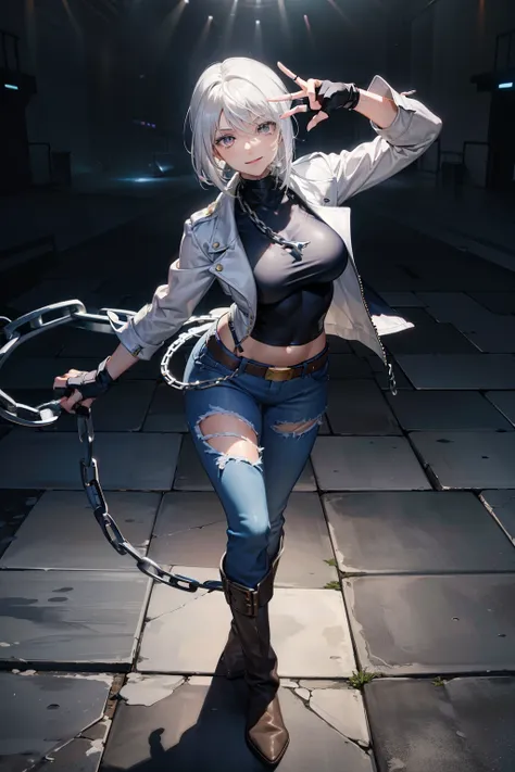 (masterpiece), best quality, silver eyes, perfect face, highres, 1girl, solo, angelms, white hair, white jacket, jeans, fingerless gloves, atacking pose, dancing around chains, evil smile, long boots, fanstasy background, cowboy shot, fullbody shot, lookin...