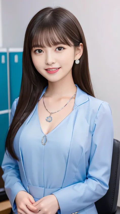 Highest quality:1.2), RAW Photos, High resolution, Very detailed, Intricate details, 、ear piercing、smile、Emphasis on teeth、Black Hair、hairstyle semi long、 (Front view, ), Clear beauty,  Upper Body, (High quality fabric, Office Lady Suit 、 Necklace around t...