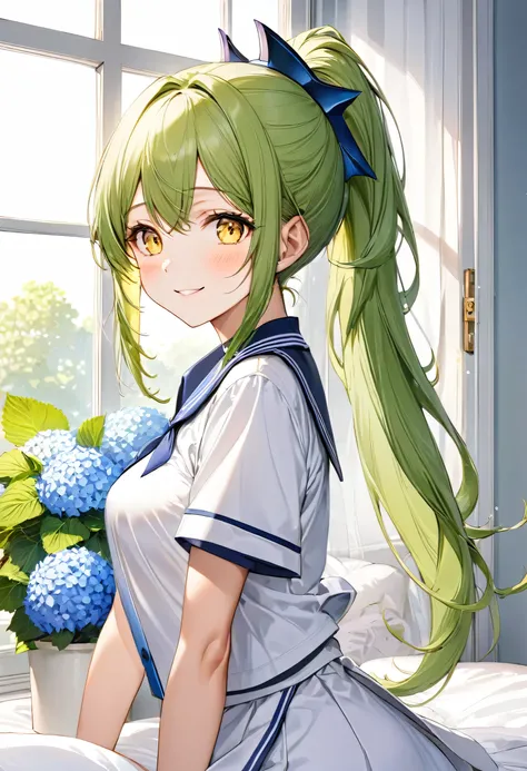 (close up face) (15 yo, solo ponytail green hair long hair divine axe fighter girl, cute cool yellow eyes, love smile, medium tits), (in a summer maide uniform), break, (in the simple bedroom, background Through the window, out side A cluster of hydrangeas...