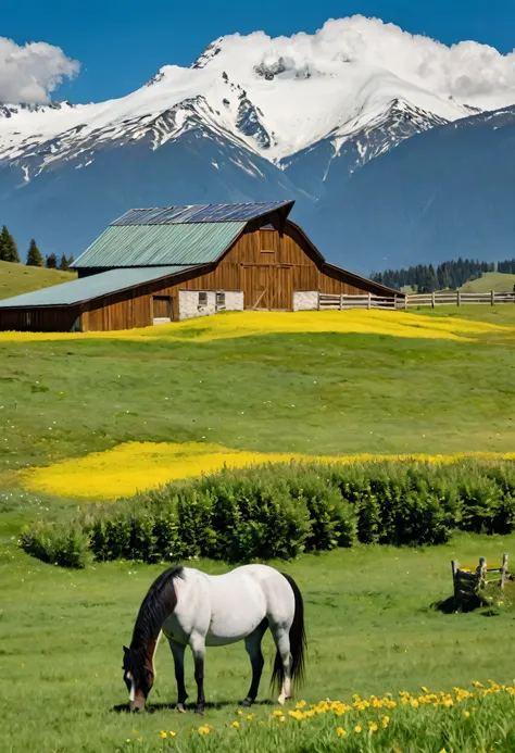 A brown wooden barn with a green roof in a lush green field of yellow flowers. There is a horse grazing in the foreground and snow-capped mountains in the background. The barn is made of wood and has a large door in front. The roof is green and has a sligh...