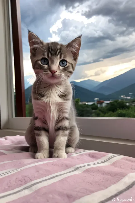 {4 kittens} grey striped, solid grey with white stripes on the belly, one white with tan on his low back, white Siamese kitten. Light purple and pink outside, with a Thunder lightening storm coming in over the mountains.