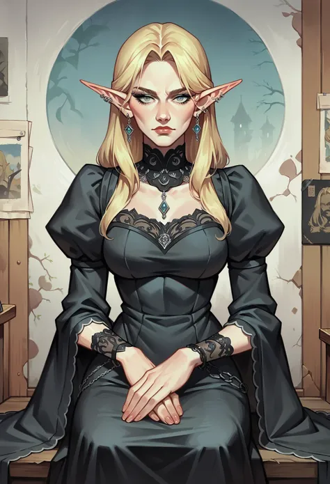 score_9, score_8_up, score_7_up, score_6_up,source_anime, anime 2d, a stunning blonde elf, grmckenna, grmckenna, gazing at viewer, conceptual artwork, High aboveper body view, gothic art, oil painting, Traditional media, wearing a modest black dress