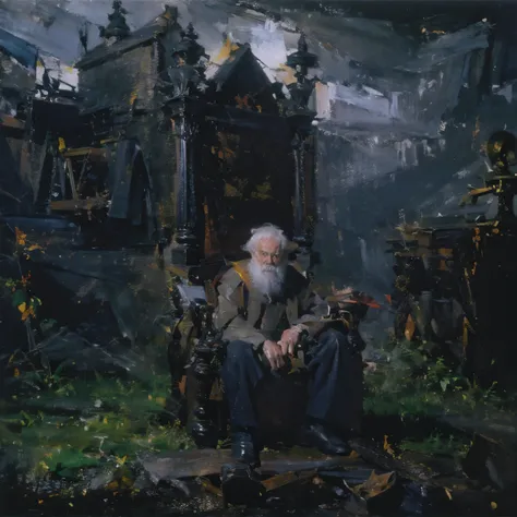 Surrealism、Lonely ugly old man sitting on the throne、Dark and gloomy atmosphere、(Highest quality、4K、8K、High resolution、masterpiece:1.2)、Super detailed、(Real、Photorealistic、Photorealistic:1.37)、Detailed wrinkled face、Expressive eyes、Detailed hands、Dramatic ...