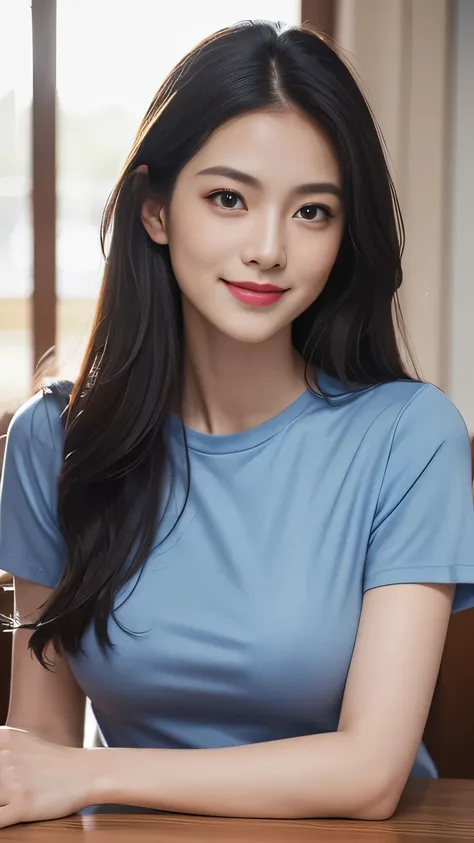 Navy blue T-shirt、Upper Body, Medium breasts,Beautiful and delicate eyes, (Long hair:1.2),  (8K, best quality, On the table:1.2), (Practical, Photorealistic:1.37), Extremely detailed, 1 girl, Lovely, Solitary, (Red and swollen nose),(Smile:1.15),(Shut up)