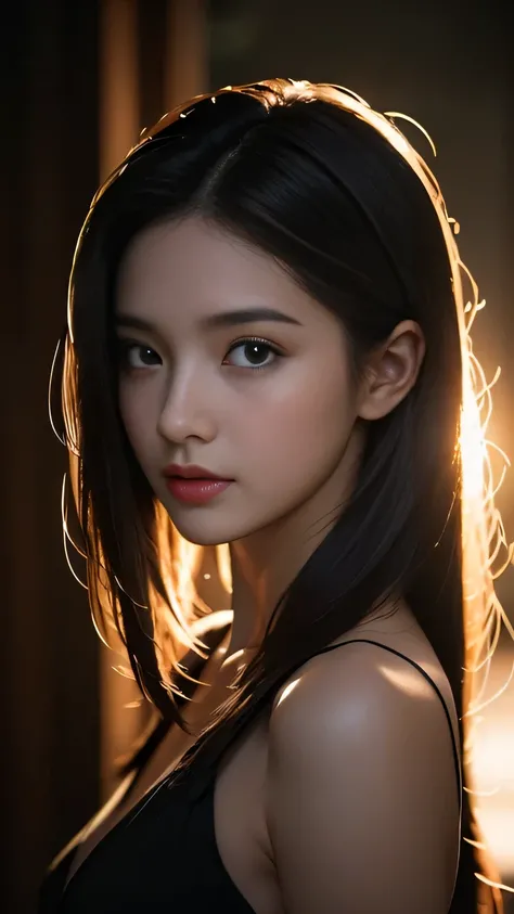 best quality， masterpiece， Ultra-high resolution， （Realistically：1.5）， original photo，charming， In the dark night， Deep Shadows， Low pitch， Cold Light， Sexy look,Shoulder-length straight hair,Slim