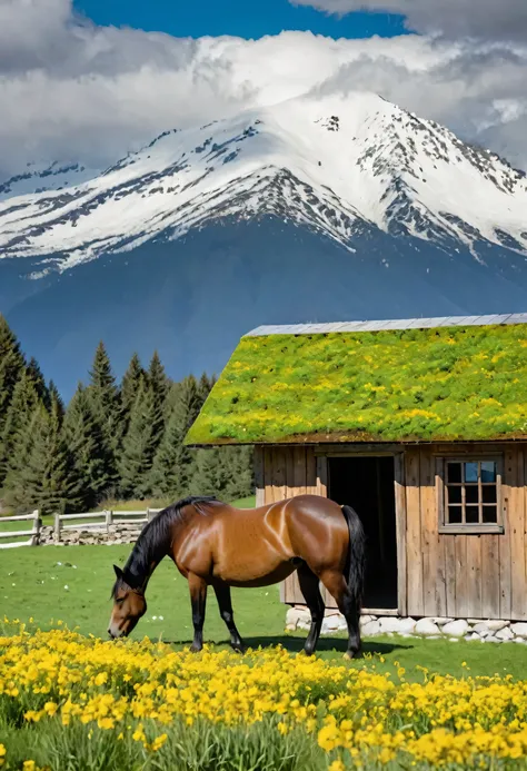 A brown wooden barn with a green roof in a lush green field of yellow flowers. There is a horse grazing in the foreground and snow-capped mountains in the background. The barn is made of wood and has a large door in front. The roof is green and has a sligh...