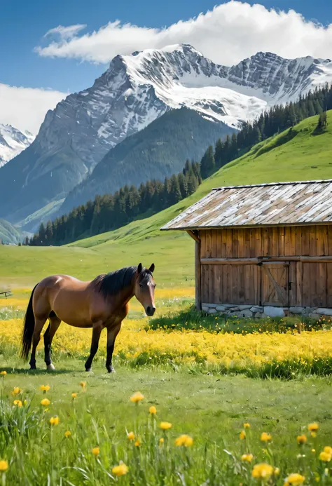 A brown wooden barn with a green roof in a lush green field of yellow flowers. There is a horse grazing in the foreground and snow-capped mountains in the background. The barn is made of wood and has a large door in front. The roof is green and has a sligh...