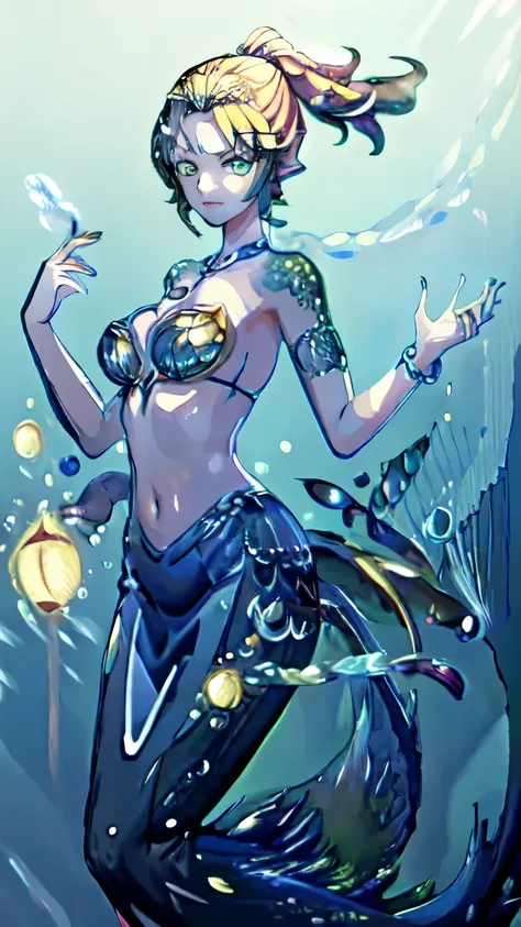 (illustration:1.8),(best quality),(masterpiece:1.5),masterpiece,extremely detailed CG unity 8k wallpaper),depth of field, mermaid, 1girl, solo, midriff, navel, armpits, bra, fins, gills, bracelet, armlet, necklace, pearls, choker, gold, jewelry, full body,...