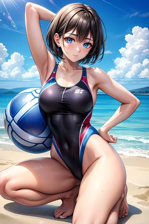 this is a female model posing on a ball for the sports ball store, 1girl, solo, swimsuit, one-piece swimsuit, competition swimsuit, realistic, short hair, armpits, black hair