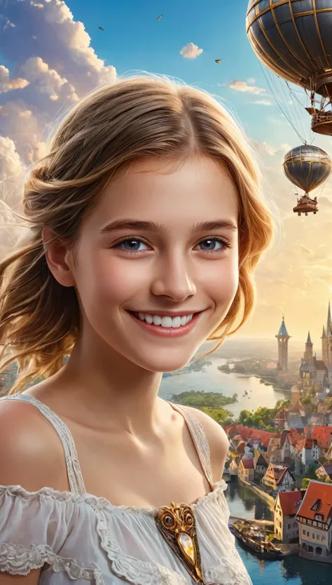 Many islands are floating in the air, A small airship is flying around, City, Fantasy, Extreme Detail, Realistic Light, A magnificent composition, (Intricate details), (Intricate Design, Super detailed :1.2), Art Station, (masterpiece, Highest quality), Ul...