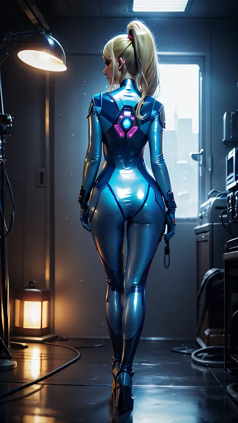 sci fi, bodysuit, heels , Standing, from behind, WET, LIGHTS, SHINY