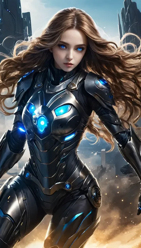 Big black eyes, aura, long wavy hair of light brown color,, Black and blue sci-fi armor, SF wind, high quality, atmosphere, war