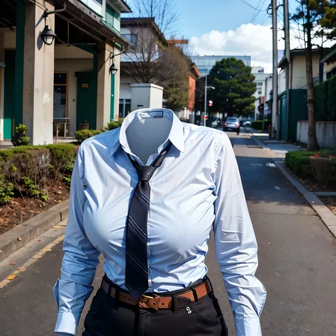 leaning forward, (from back), school blouse, belt, black pants, stripe tie, fat, cute big breasts, (invisible, no human, headles...