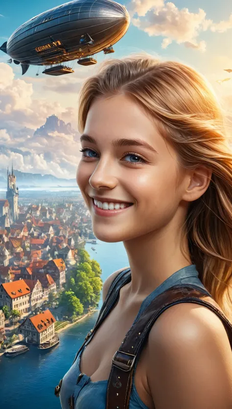 Many islands are floating in the air, A small airship is flying around, City, Fantasy, Extreme Detail, Realistic Light, A magnificent composition, (Intricate details), (Intricate Design, Super detailed :1.2), Art Station, (masterpiece, Highest quality), Ul...