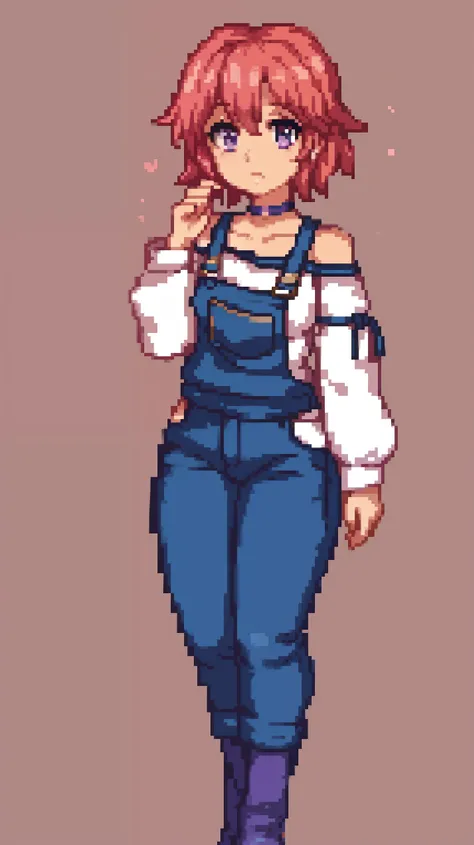 , sad, farm backround, full body, looking at viewer, 1girl, solo, short pink hair, (dark blue choker), (dark blue denim overalls...