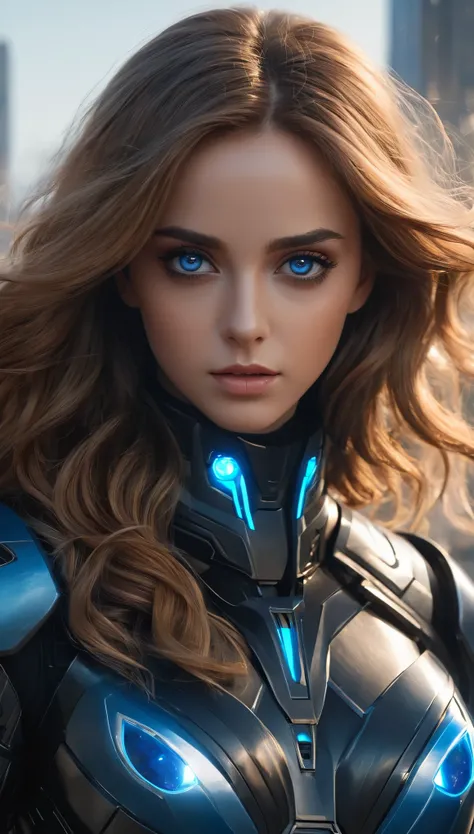 (best quality,4k,8k,highres,masterpiece:1.2), ultra-detailed, (realistic,photorealistic,photo-realistic:1.37), Big black eyes, aura, long wavy hair of light brown color,, Black and blue sci-fi armor, SF wind, high quality, atmosphere, war, beautiful symmet...