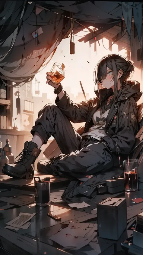 Girl, ((detailed face)), A brooding figure lounging in an urban hideaway made of tattered tarps, ((sipping on aged whiskey)), surrounded by the soft glow of twilight seeping through the fabric. Muted colors, introspective mood, casual pose, abasterpiece)),...