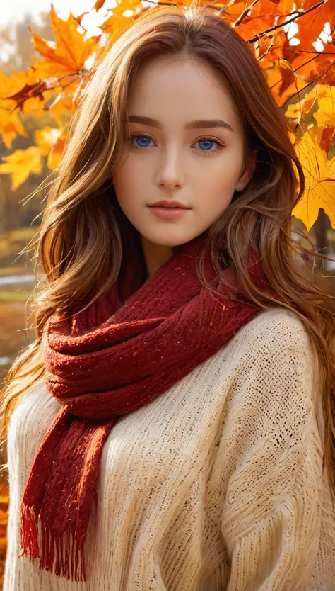 (masterpiece), Highest quality, Super detailed, figure, Warm lighting, Soft lighting, Bright colors, 1 Girl, alone,( beautiful girl, Long Hair, blue eyes, ribbon, Brown Hair, Hair between the eyes, hair ribbon, Side Lock, very Long Hair, Messy Hair,) , aut...