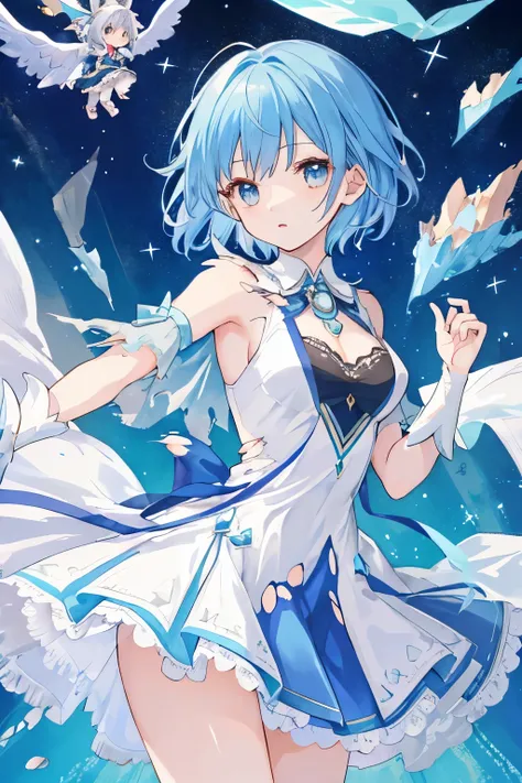 1 oneesama, magical girl in badly torn magical dress ,dancing:1.3, short hair,,blue magical uniform , 20 year old, full breasts,...