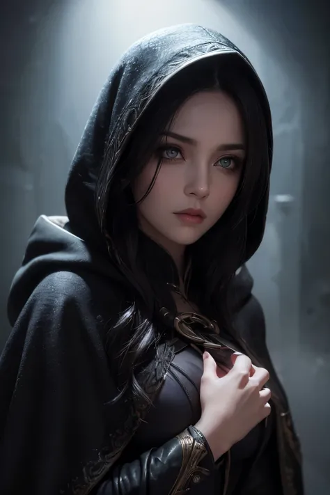 woman in a rogues cloak, highly mysterious, 1girl, beautiful detailed eyes, beautiful detailed lips, extremely detailed face, long eyelashes, long dark hair, hooded cloak, mysterious expression, dramatic lighting, dark and moody atmosphere, cinematic compo...