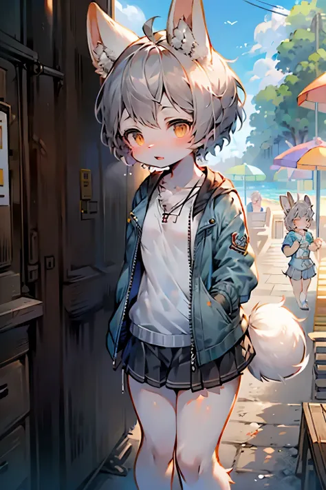 Bunny Girl，Bunny ears，Furry women，Characteristics of three-year-old girls，Gray hair，Short stature，Summer short sleeves with jacket，Short skirt，