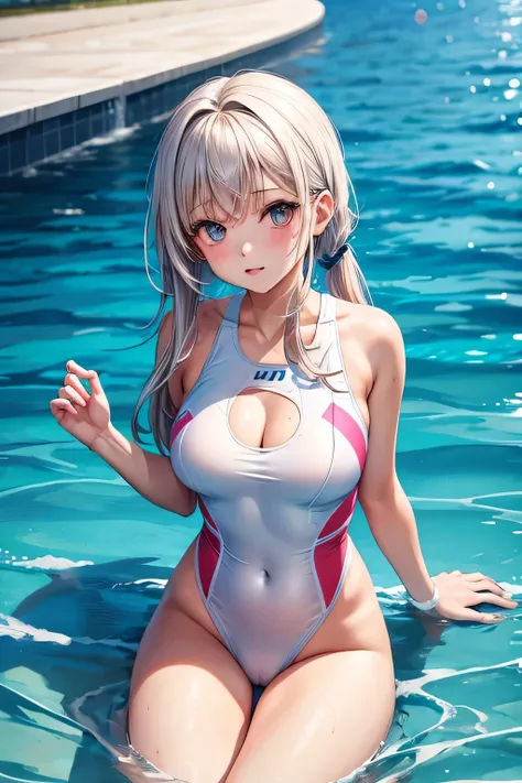 girl in whit sport swimsuit with inprint from vagina