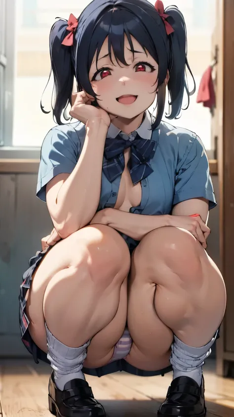 from front,focus on panties,fine underwear,black panty,flat chest
,BREAK,
nico yazawa, flat chest,black hair, (red eyes:1.5), twintails, hair bow, bow, red bow,
,BREAK,
gyaru, shirt, plaid, bow, blush, white shirt, hair ornament, nail polish, plaid skirt, ...