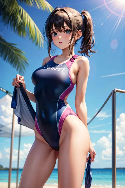 girl in sport swimsuit with inprint from vagina, standing