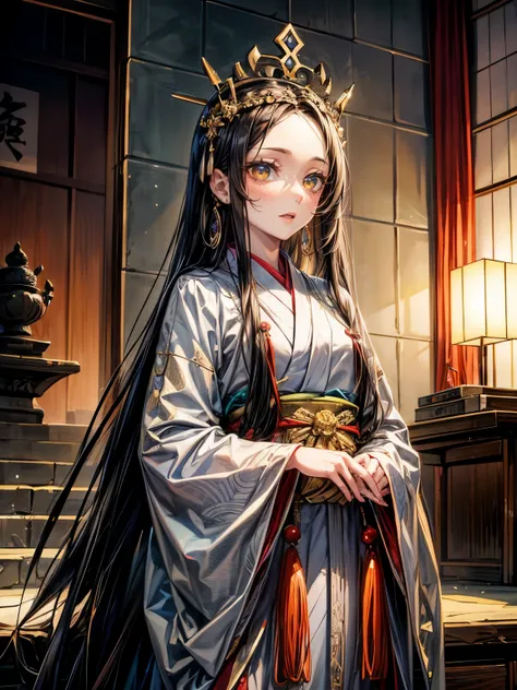 Himiko, ancient Japan, queen, shaman,((Forehead hai)),,long black hair, deep brown eyes, sumptuous attire, crown, sacred altar,regal expression
