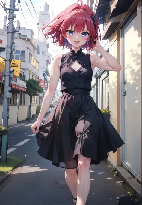 (masterpiece, Highest quality:1.2),shape,8K,High resolution,Say something happy smile, smile, Open your mouth,,Redhead,Long Hair,Purple eyes,1 Girl,sleeveless black dress,Bare arms,Black long skirt,Cute Sandals,walking,Daytime,Clear skies,
break looking at...