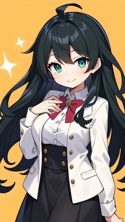 Junior high school student who looks like an elementary school student, 14 years old, very short, 140 cm tall, black hair with a slight green tinge, short ahoge, beautiful long hair but with a little hair sticking out, beautiful round eyes, blue eyes, smil...