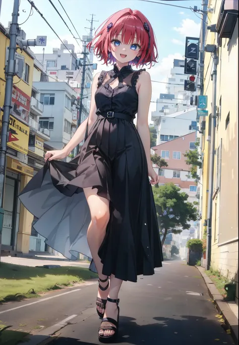 (masterpiece, Highest quality:1.2),shape,8K,High resolution,Say something happy smile, smile, Open your mouth,,Redhead,Long Hair,Purple eyes,1 Girl,sleeveless black dress,Bare arms,Black long skirt,Cute Sandals,walking,Daytime,Clear skies,
break looking at...