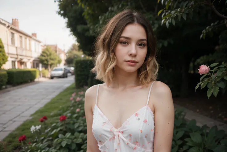 8k, RAW photo, Fujifilm, style photo of a beautiful young woman as avril in a garden of light pink roses (highly detailed skin: 1.2) Style-Petal BREAK short hair, blonde hair with colored locks, wearing a dress, film granulation, 35mm, cute style