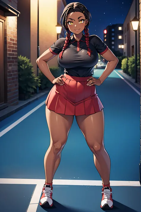 4K Quality, cute smile, black woman, cute eyebrows, over the shoulder pose, (black and red skirt), (black and red tennis shoes), standing up, (black and red braids), (dark skinned), thick thighs, big breasted, big ass, looking at viewer, amber eyes, night ...